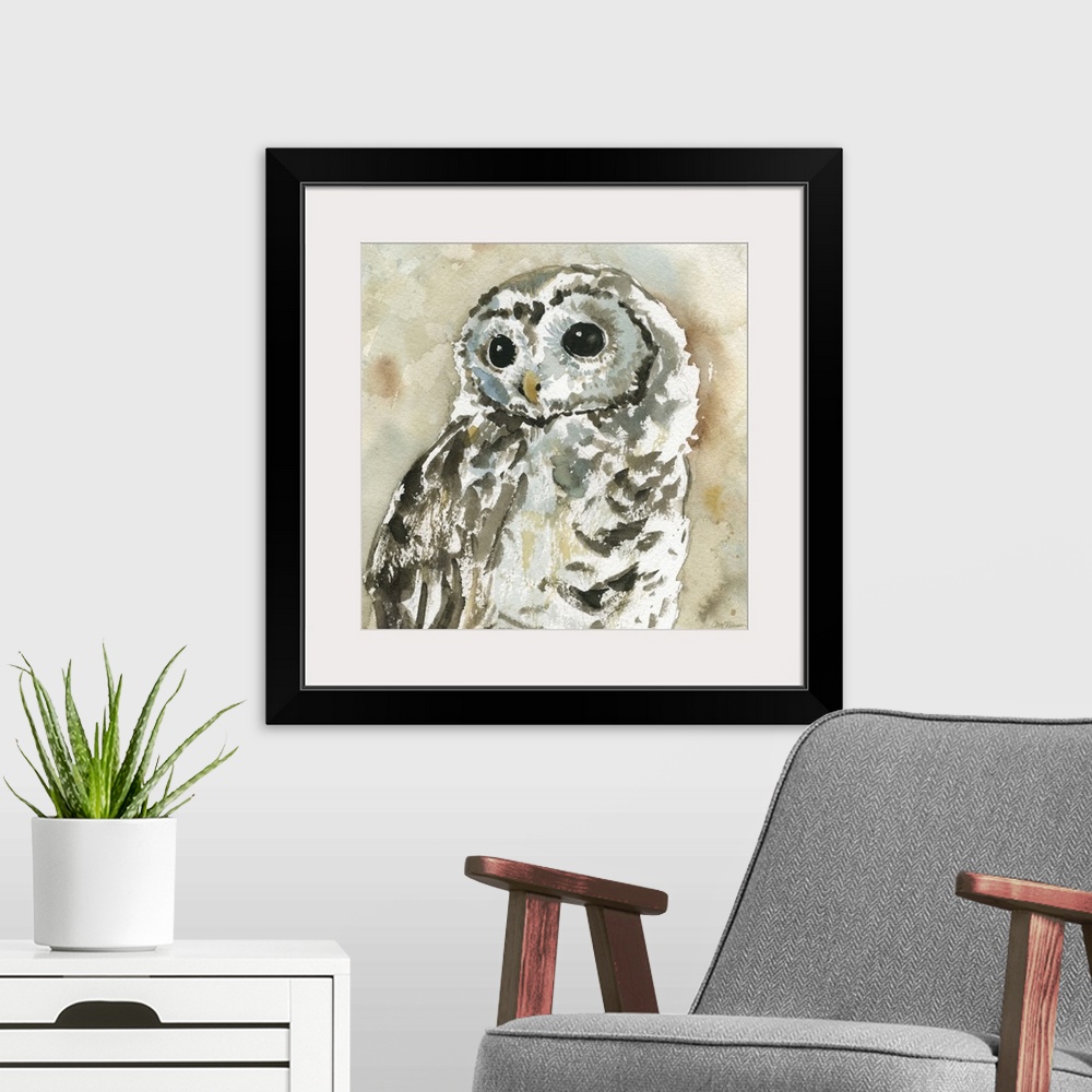 A modern room featuring A watercolor painting of an abstract  woodland owl.