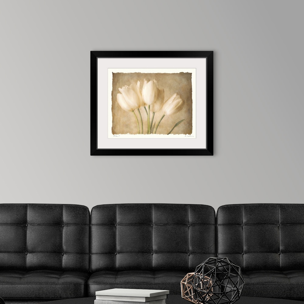 A modern room featuring Decorative painting of a small bouquet of tulips in subtle, neutral tones, on a white background.