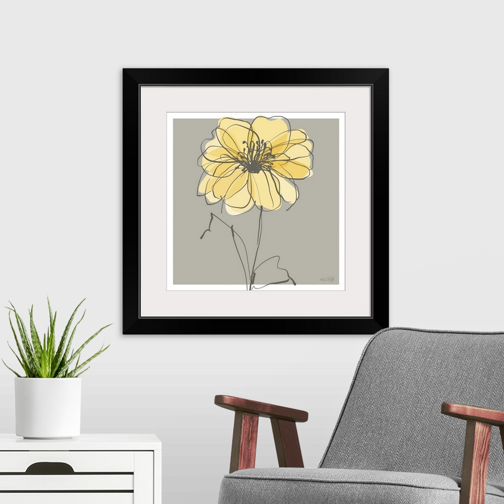 A modern room featuring Square illustration of a single yellow and gray flower on a gray background with a white boarder.