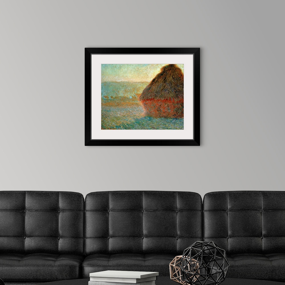 A modern room featuring Haystack At Sunset By Claude Monet
