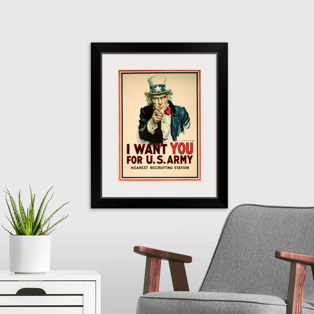 A modern room featuring I Want You For The U.S. Army Recruitment Poster By James Montgomery Flagg