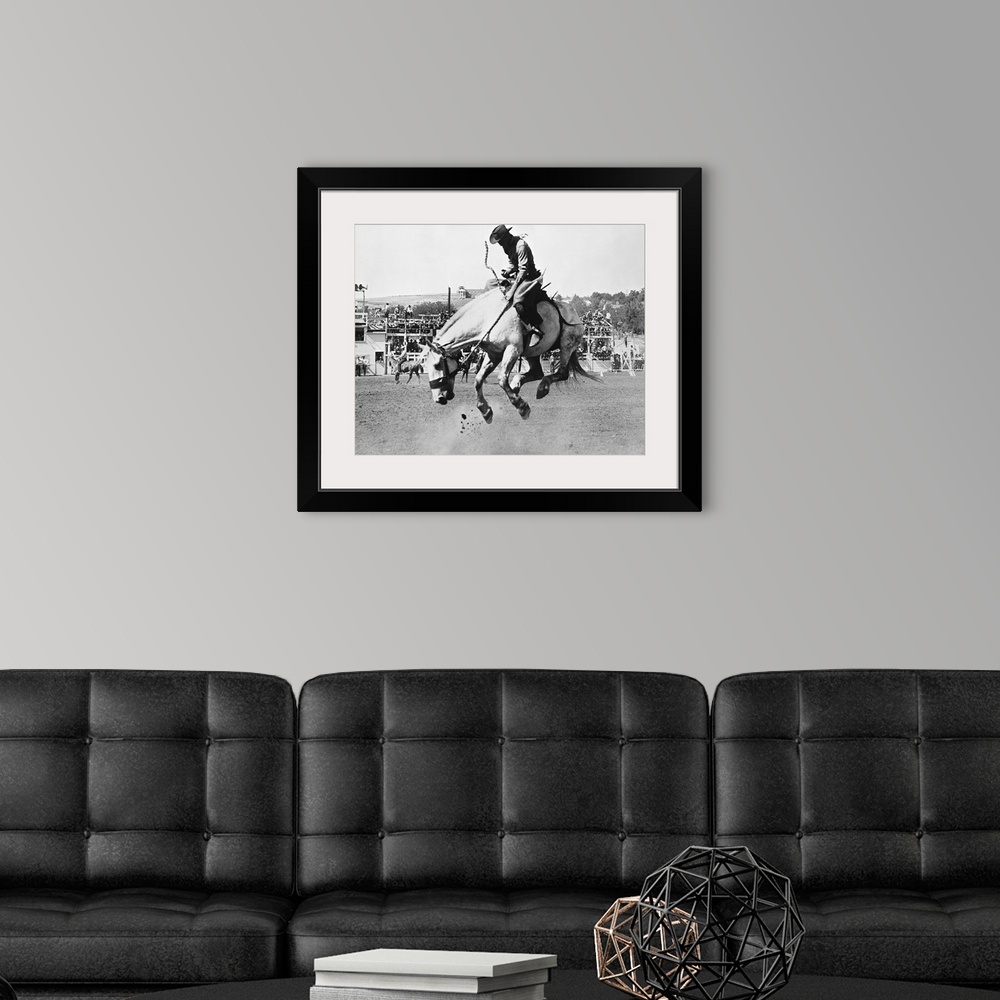 A modern room featuring Man riding bucking horse in rodeo