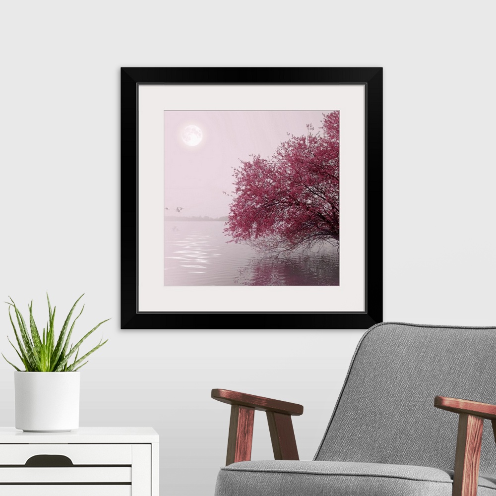 A modern room featuring Nature and landscape. Red tree on a lake. Moon in the distance.