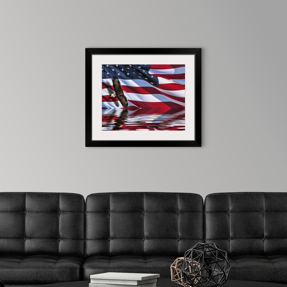 A modern room featuring A composite of two photos. One of a bald eagle, the other of a large American flag. Photos compos...