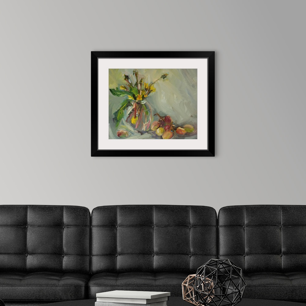 A modern room featuring Still life with grapes and a bouquet of yellow dandelions in a vase.