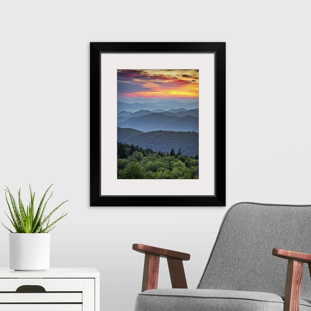 A modern room featuring Blue Ridge Parkway scenic landscape with the Appalachian Mountain ridges and sunset  over Great S...