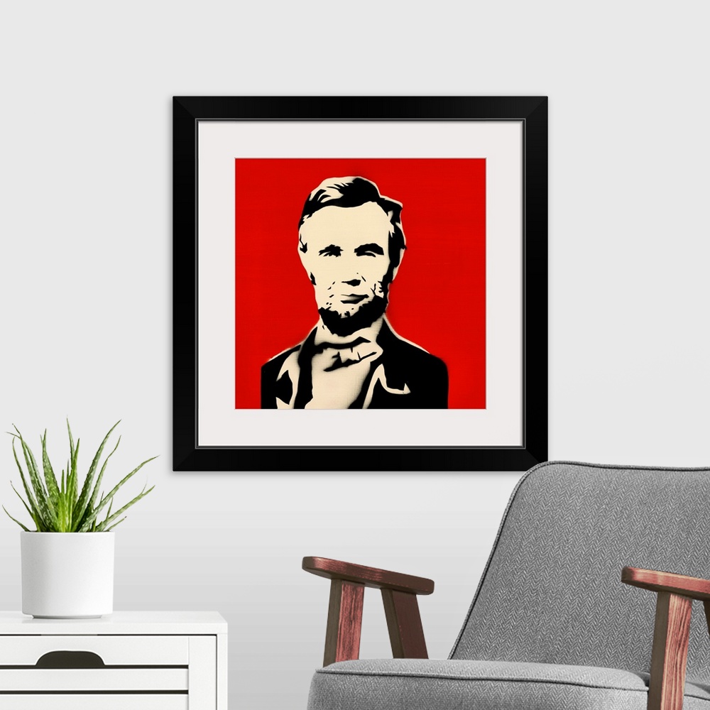 A modern room featuring Square spray art of Abraham Lincoln on a bright red background.