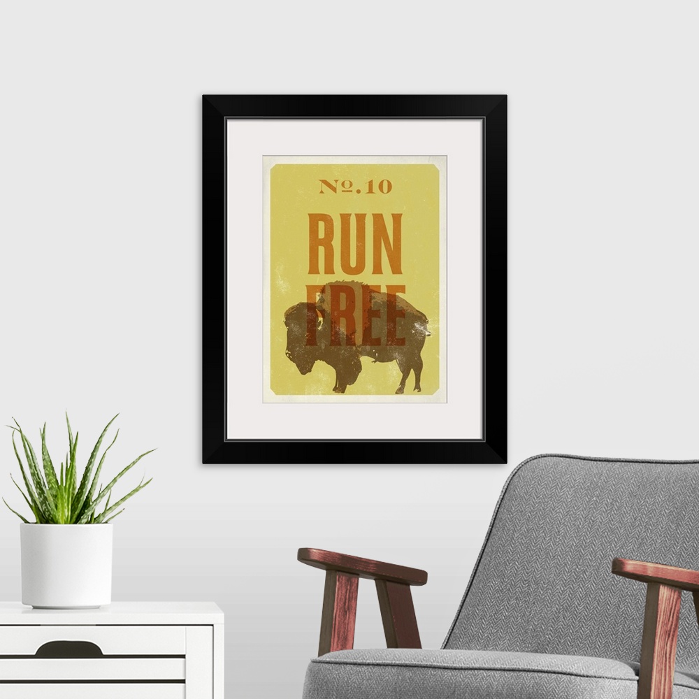 A modern room featuring Retro mid-century stylized poster art of a bison against a yellow background.