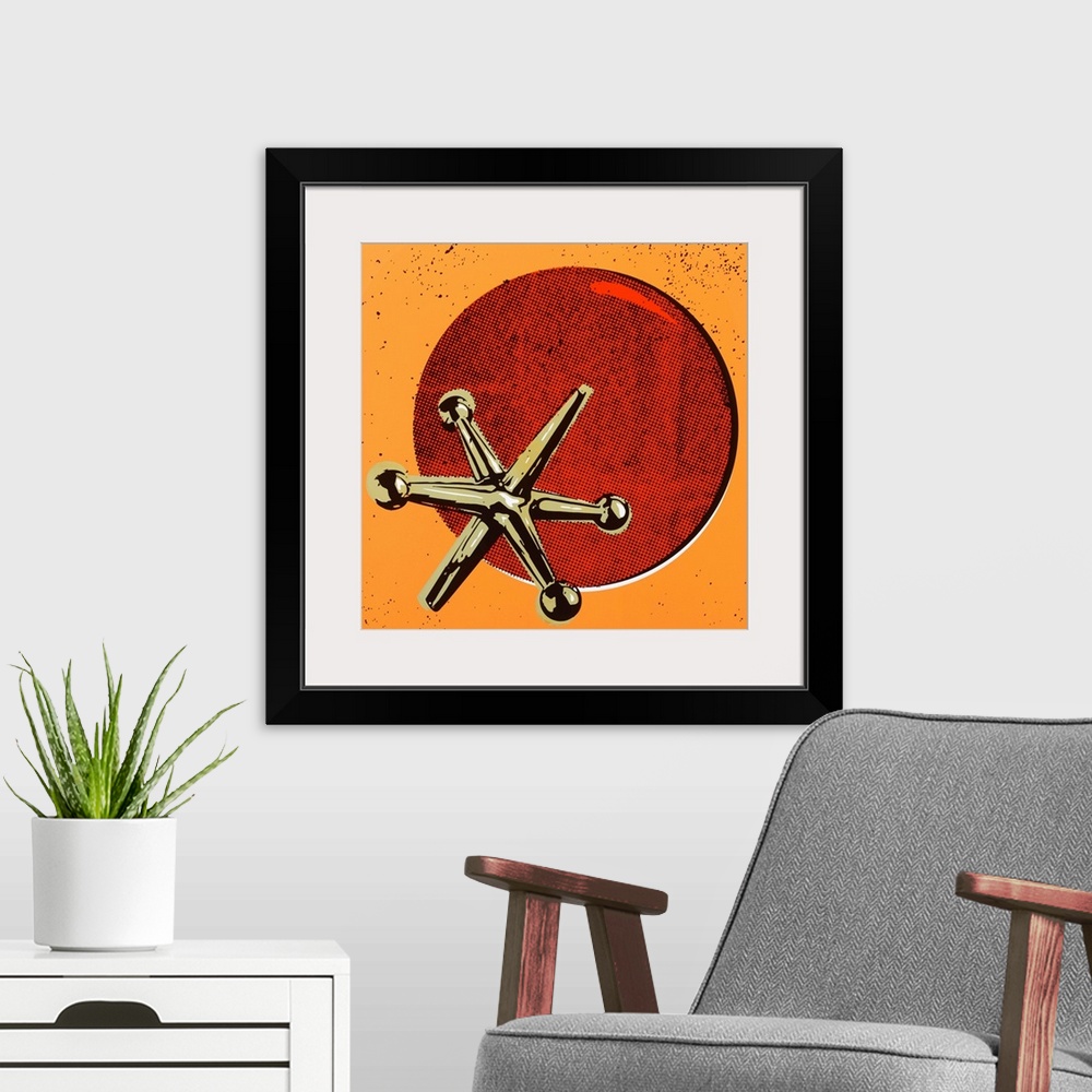 A modern room featuring Contemporary pop art style artwork of a jacks and ball set against an orange background.