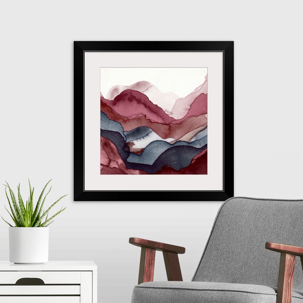 A modern room featuring A contemporary abstract painting using watercolors to create a layered landscape.