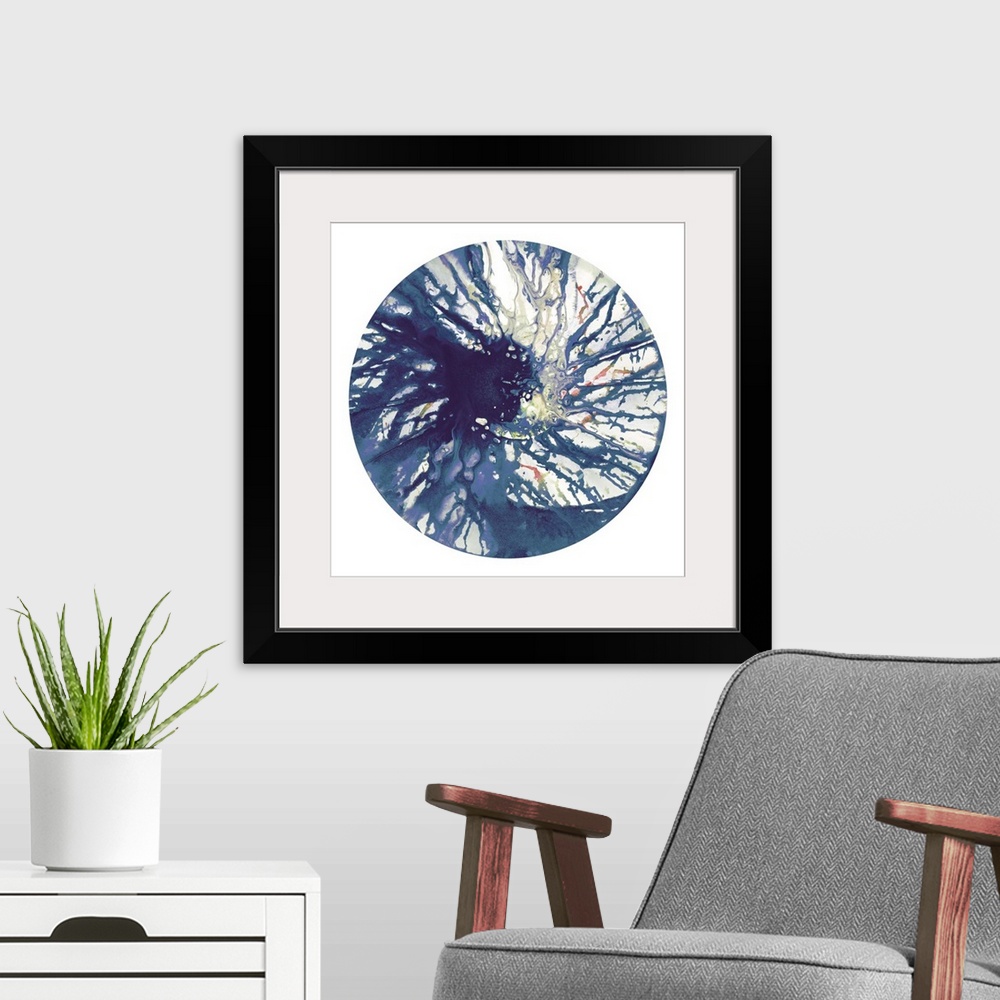 A modern room featuring Square abstract spiral spin art inside a circle on white background in shades of blue, green, pur...