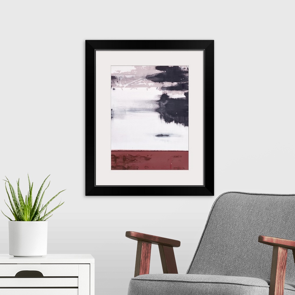 A modern room featuring Contemporary asymmetrical abstract painting with a sectioned burgundy red bottom and indigo brush...