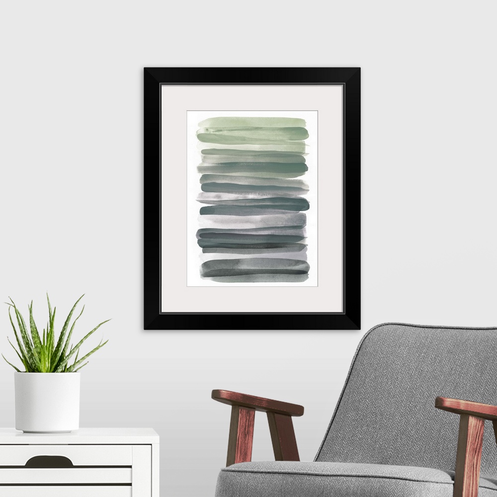 A modern room featuring Several horizontal watercolor brush strokes in shades of green and gray.