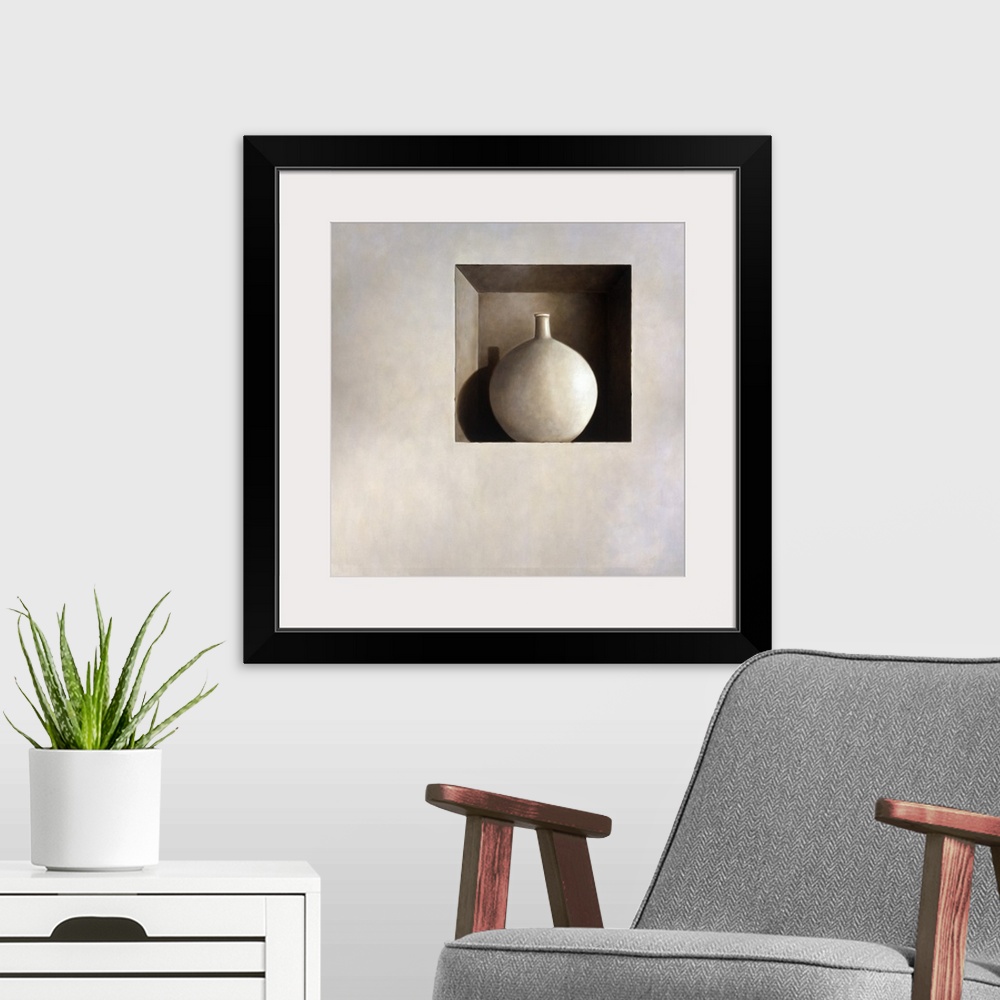A modern room featuring Contemporary still life painting of a white vase sitting in a square hole in the wall.