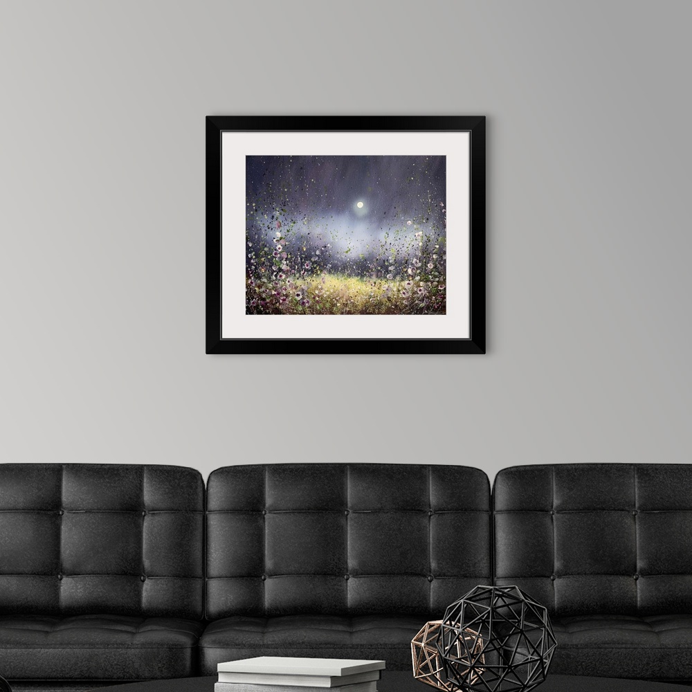 A modern room featuring A transitional style painting of sparse wildflowers under a night sky with a full moon. Painted i...