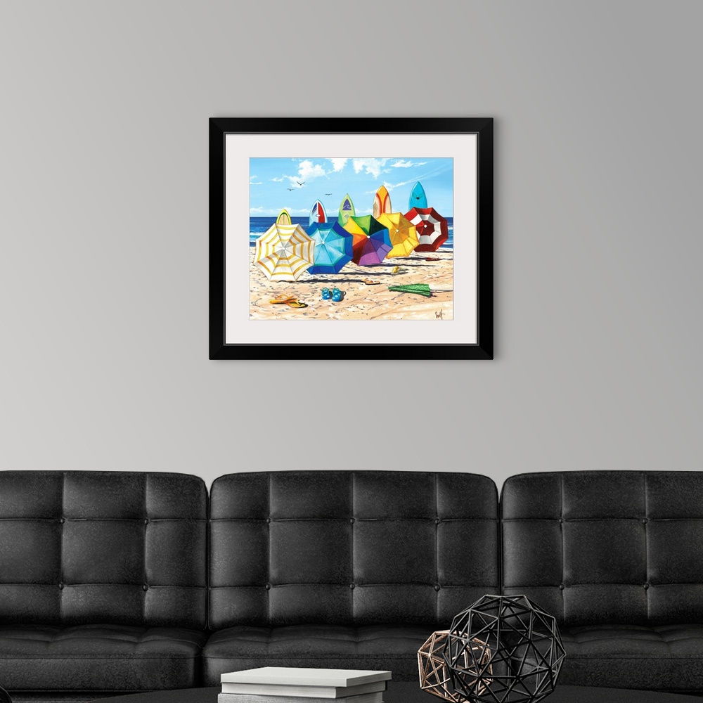 A modern room featuring Realistic drawing of open colorful umbrella's and surfboards lined up on the beach with flip flop...