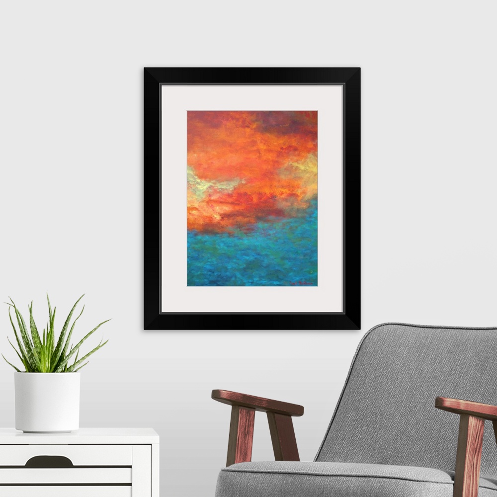 A modern room featuring Abstract painting created with bright orange, red, blue, green, and yellow hues representing a re...