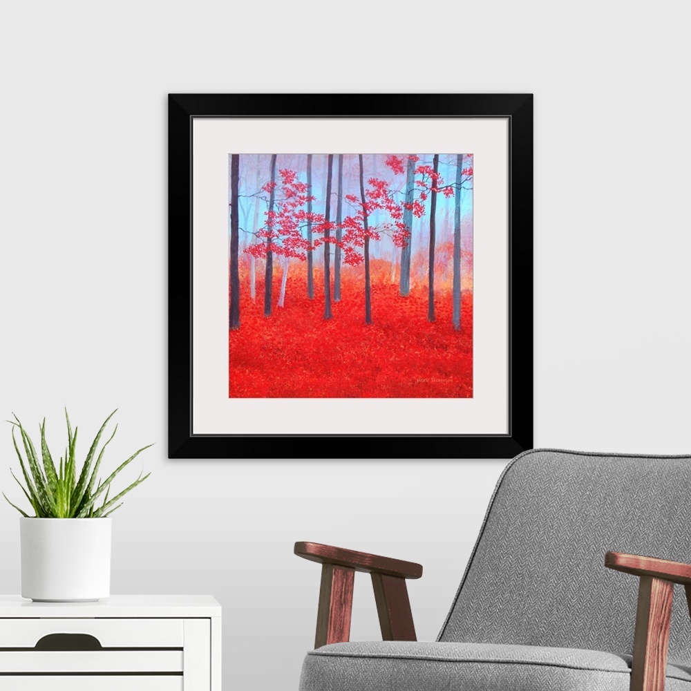 A modern room featuring Impressionist painting of a red Autumn forest with leaves covering the ground.