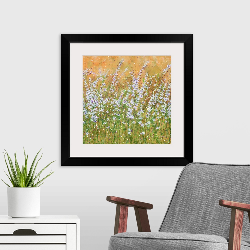 A modern room featuring Contemporary painting of white and purple wildflowers with green leafy stems and an orange backgr...