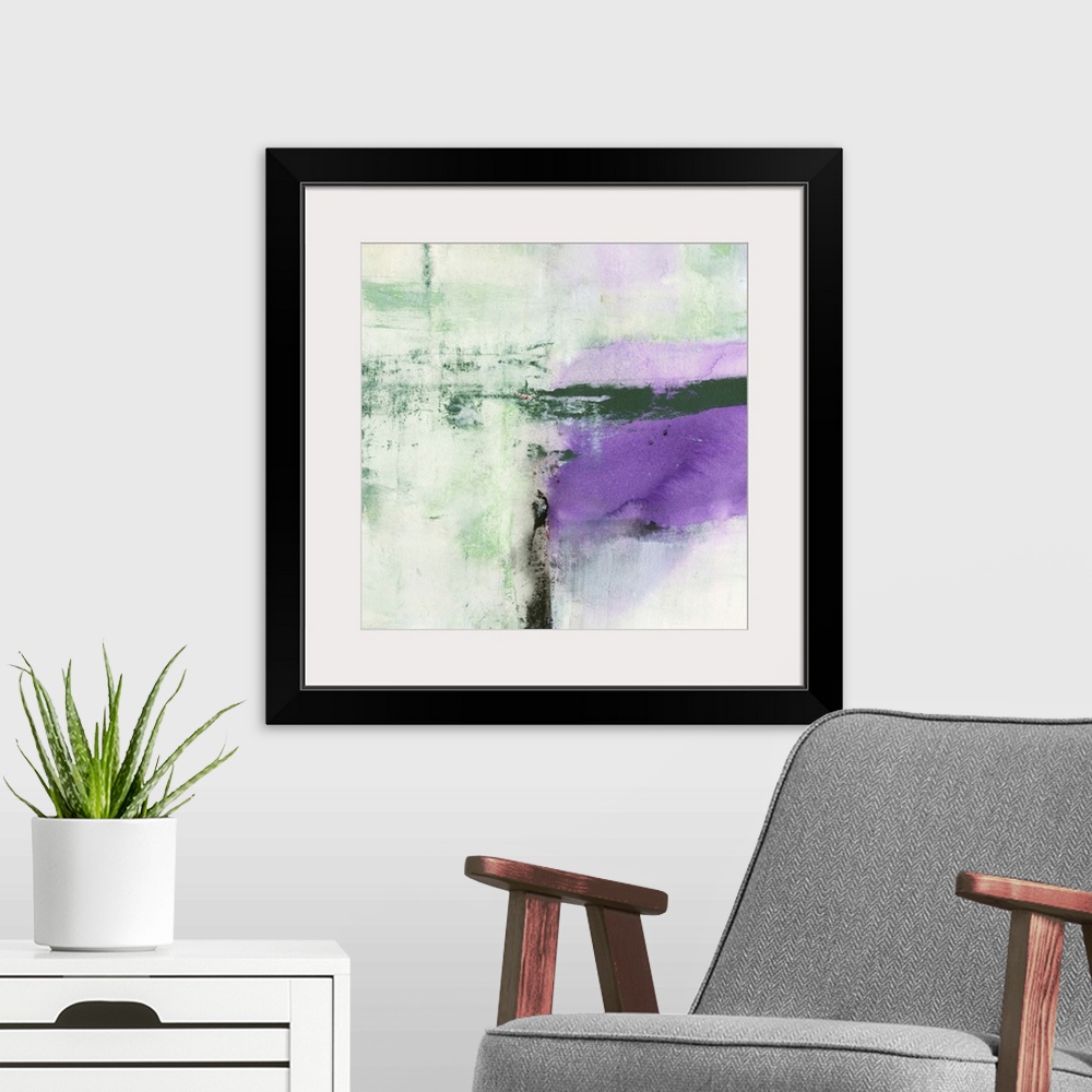 A modern room featuring A contemporary abstract painting  using purple and gray with dark bold black lines.