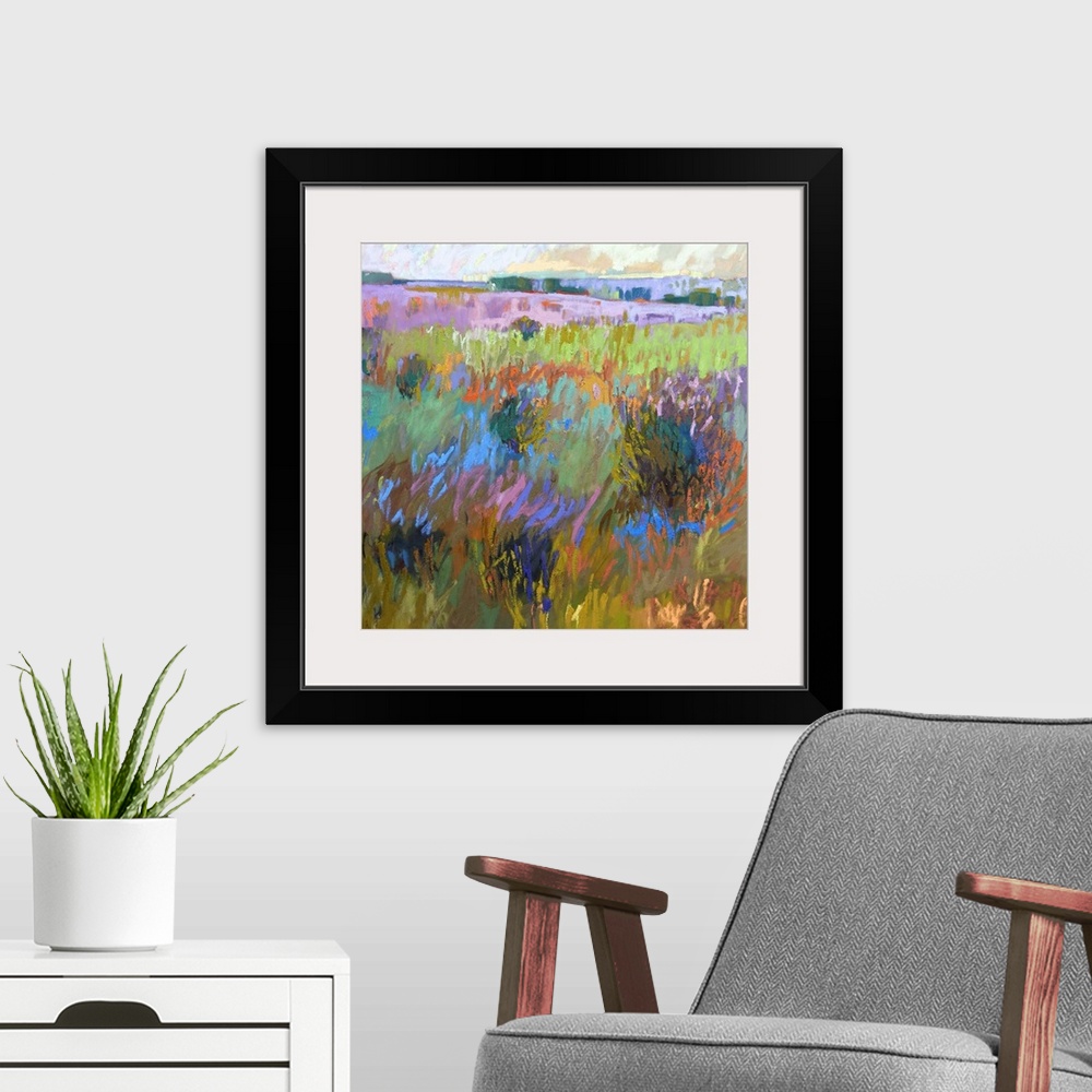 A modern room featuring A square abstract of a field with flowers painted with brush strokes of vibrant colors.