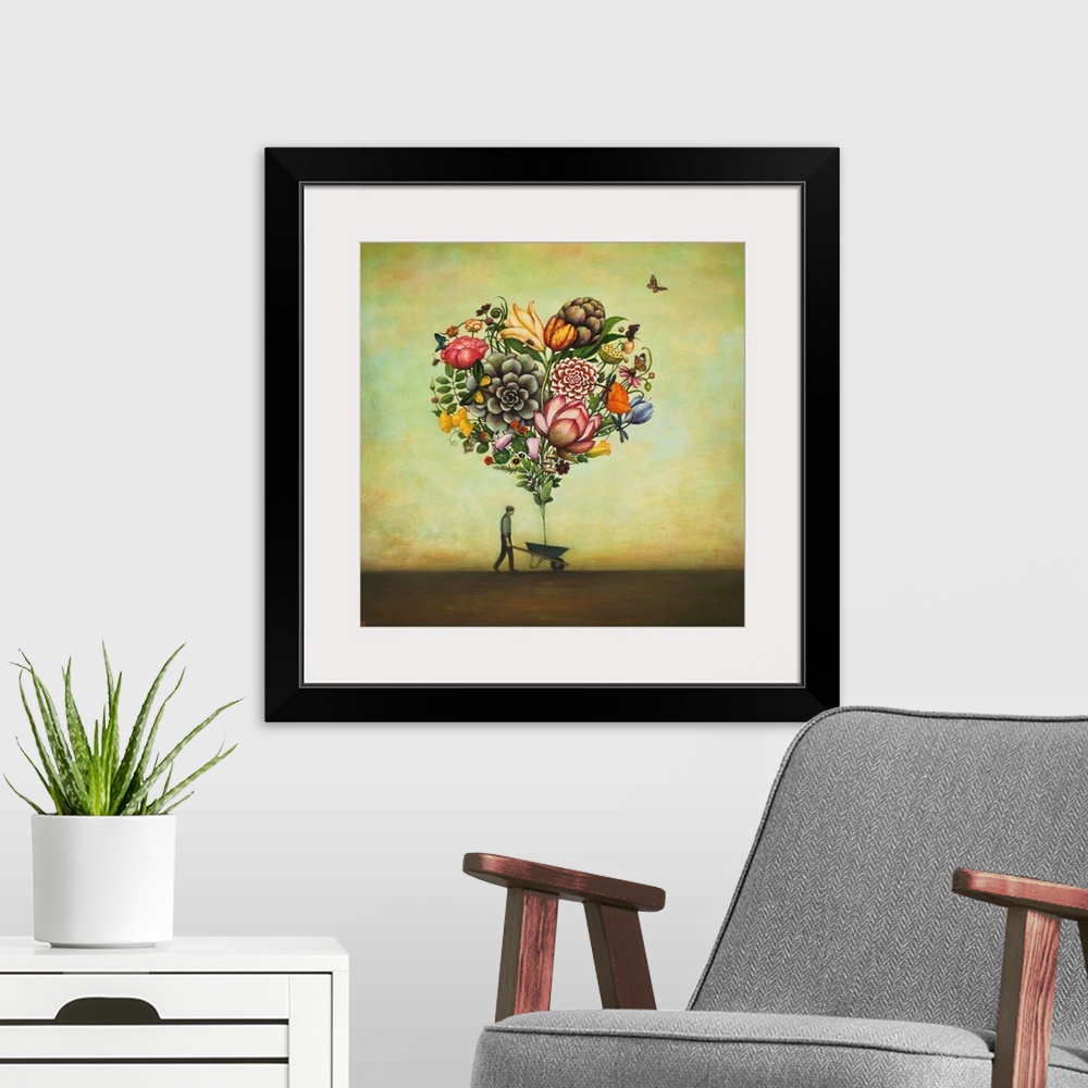 A modern room featuring Contemporary surreal artwork of a man pushing a wheelbarrow with several giant flowers in the sha...