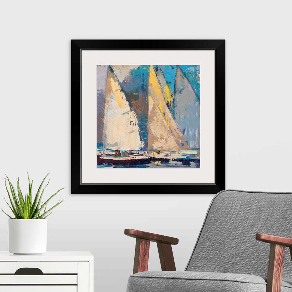 A modern room featuring A contemporary coastal themed painting of sailboats in a harbor.