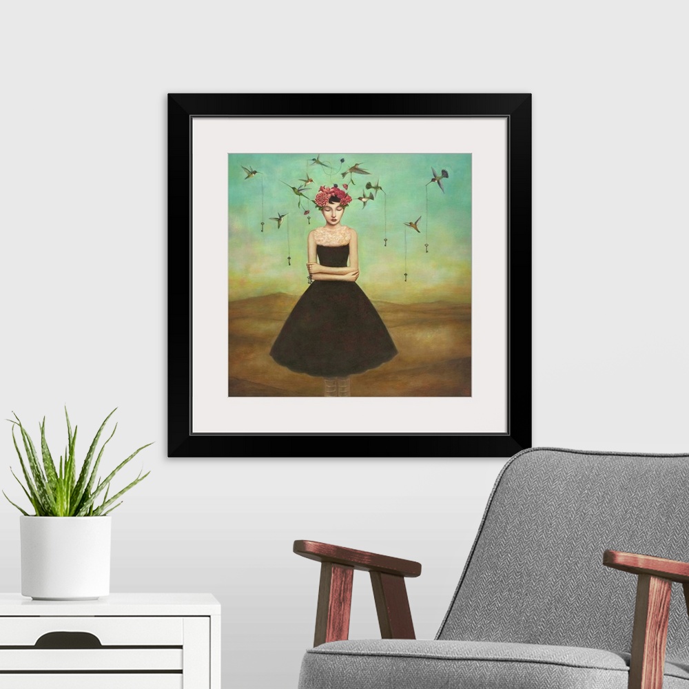 A modern room featuring Contemporary surreal artwork of a woman with a flower crown and small birds circling her.