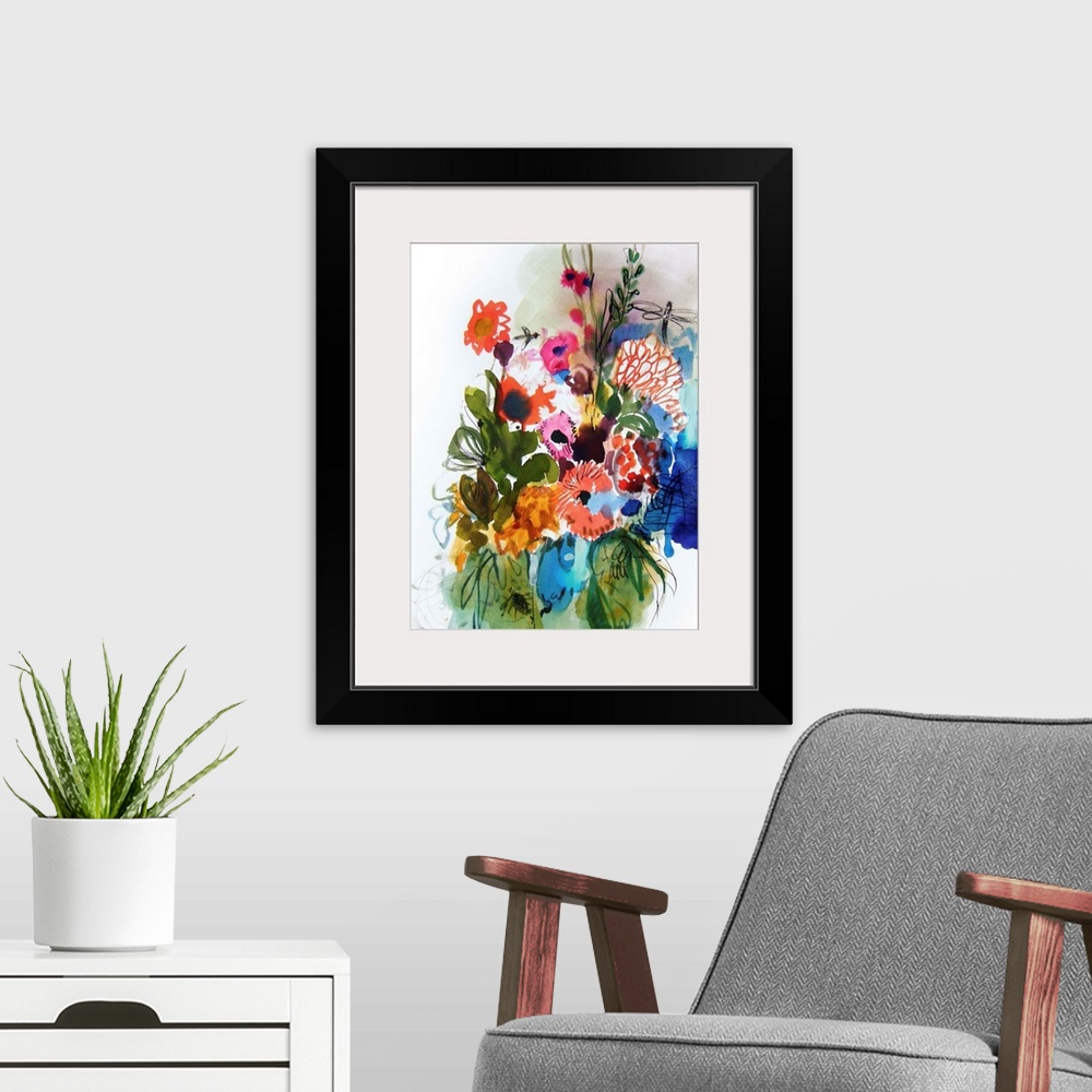 A modern room featuring A contemporary watercolor painting of a bouquet of flowers.