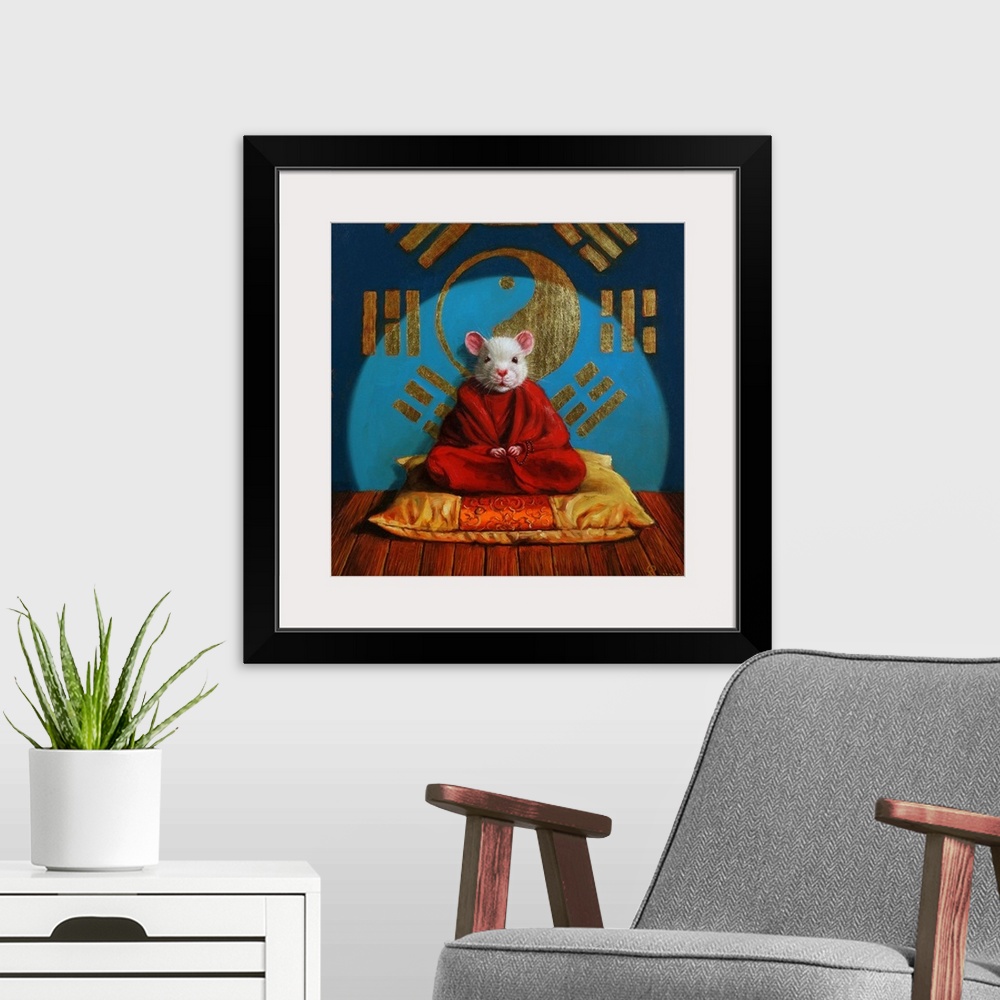 A modern room featuring A contemporary painting of a mouse meditating on a cushion.
