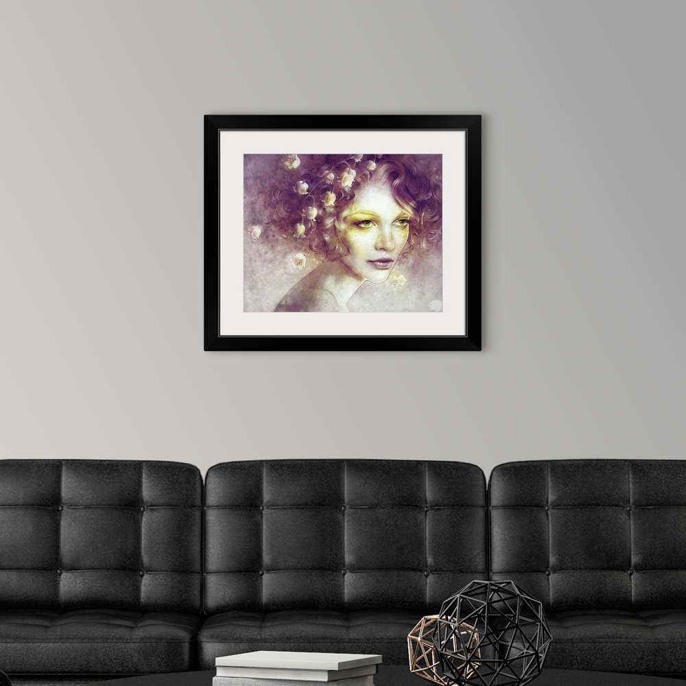 A modern room featuring A contemporary fantastical painting of a woman's portrait with flowers dangling from her hair and...