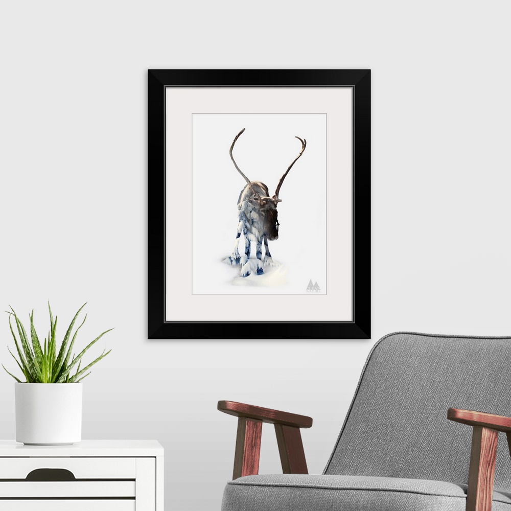 A modern room featuring A composite image of a moose merged with an image of a forest covered in snow.
