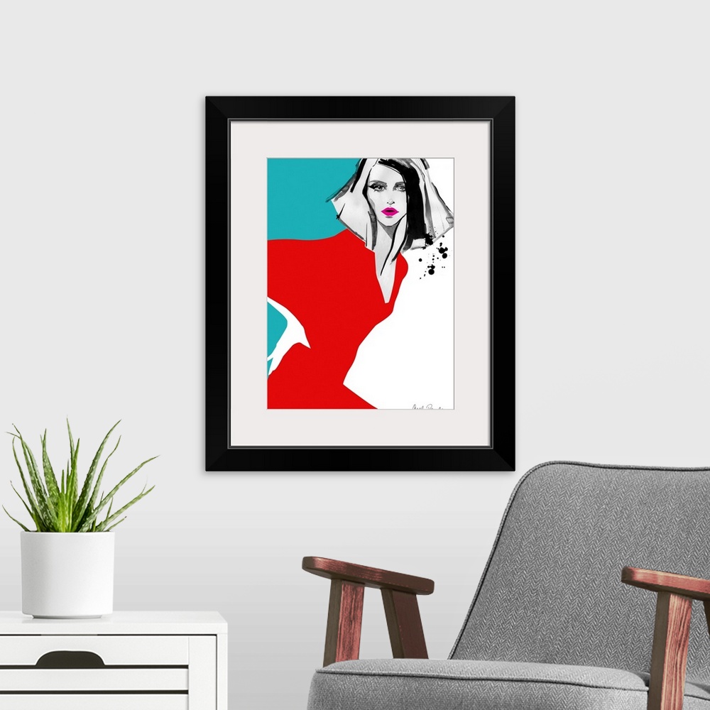 A modern room featuring Contemporary fashion artwork of a woman wearing a bright red dress.