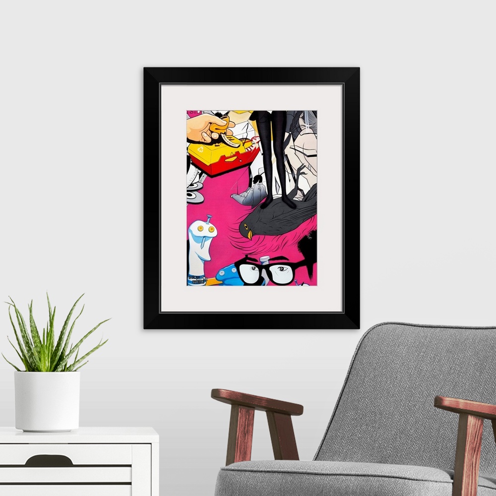 A modern room featuring A vertical abstract painting of modern pop images.