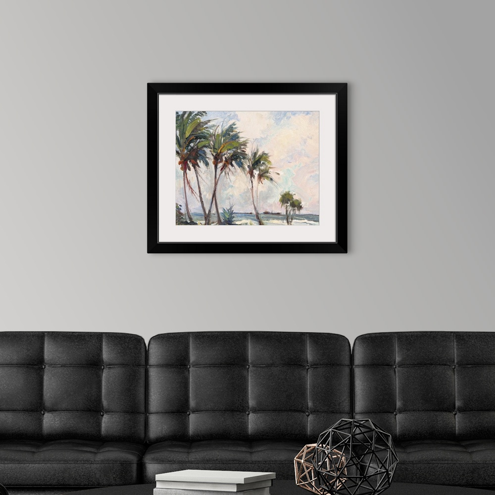 A modern room featuring Contemporary painting of six tall palm trees on the beach.