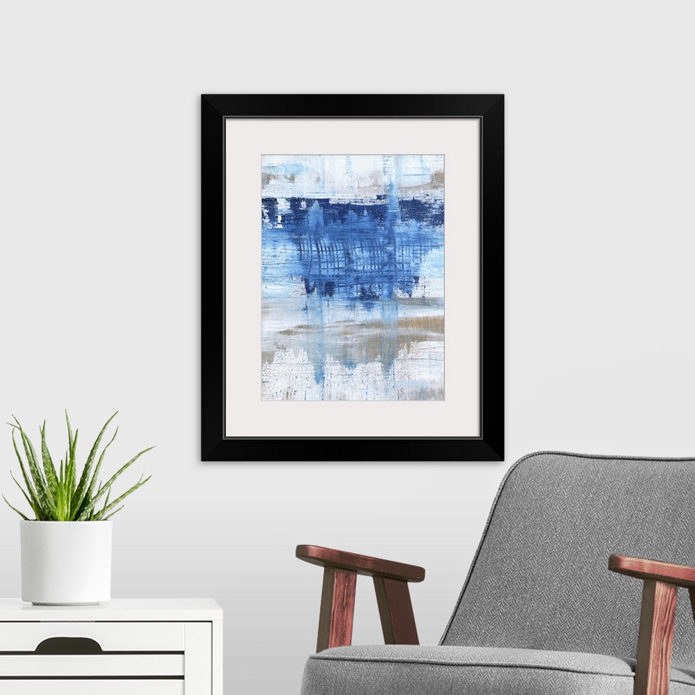 A modern room featuring A contemporary abstract painting using distressed blue and gray tones.