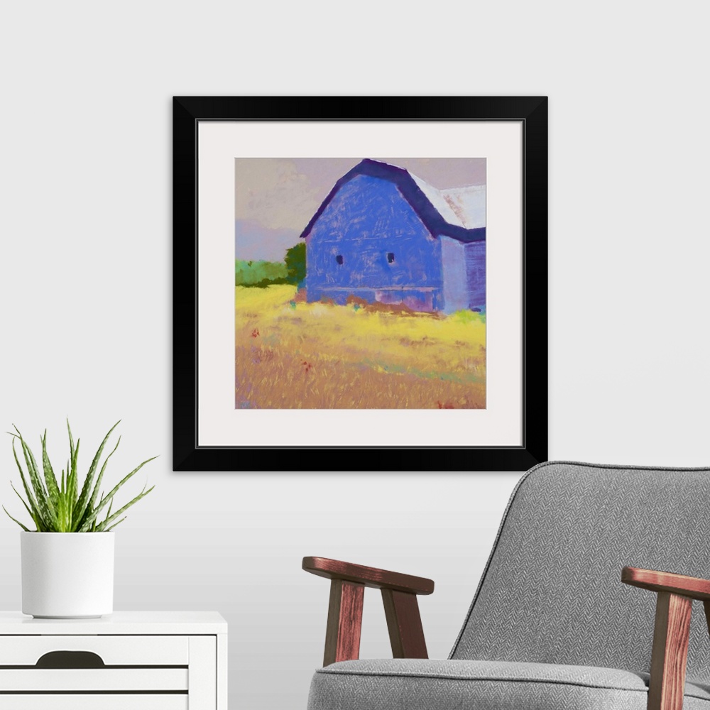 A modern room featuring Contemporary painting of a blue barn in a yellow field.