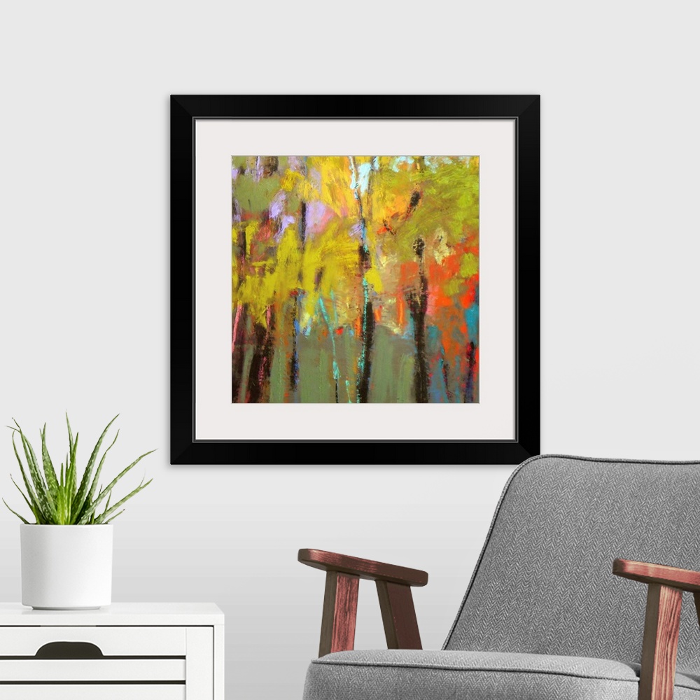 A modern room featuring A contemporary abstract painting using vibrant colors resembling a dense forest.
