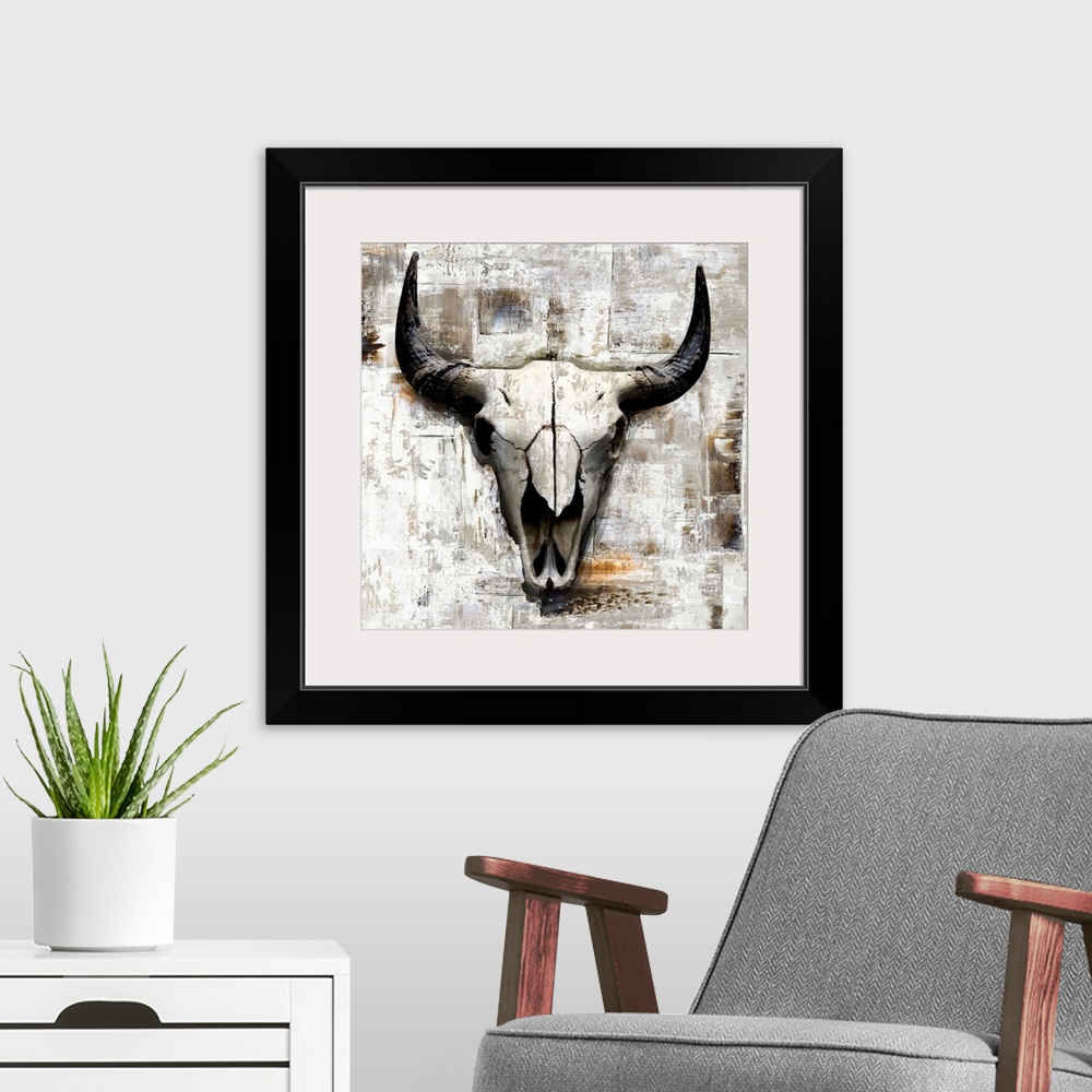A modern room featuring A digital illustration of a cow skull in neutral tones with a rustic textured effect.