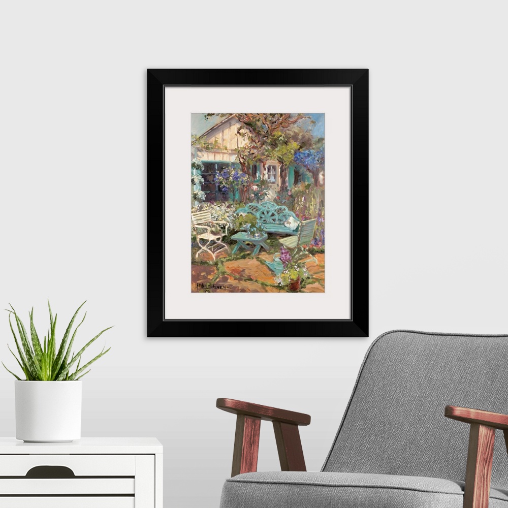 A modern room featuring Fine art oil painting landscape of a front patio with flowers and plants by Allayn Stevens.