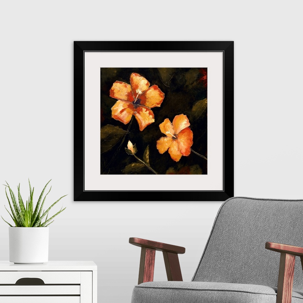 A modern room featuring Contemporary painting of orange hibiscus flowers in bloom on a chalkboard background.