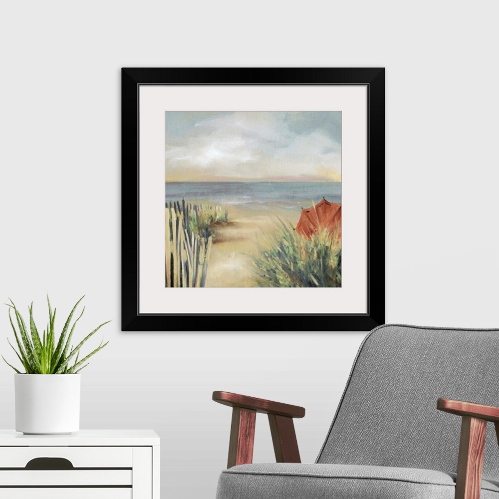 A modern room featuring Contemporary painting of an East coast beach in Bridgeport in the warm summer afternoon.