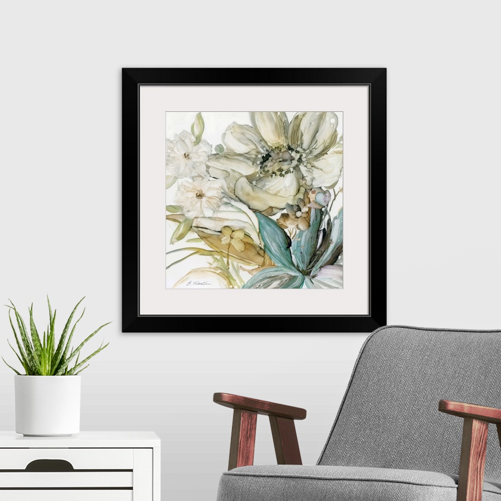 A modern room featuring Fine art watercolor painting of a seaglass garden of flowers in blues, green and gray by Elizabet...