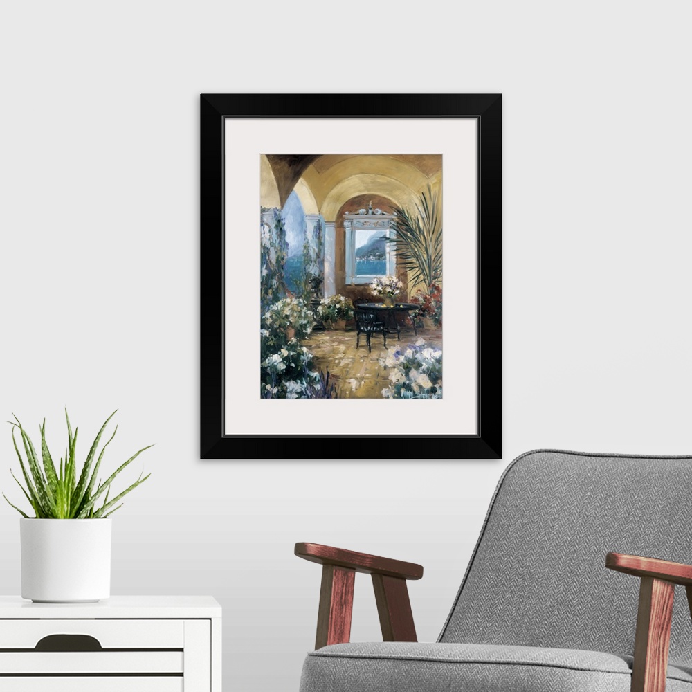 A modern room featuring Fine art oil painting landscape of an Italian courtyard terrace with flowering plants and a table...
