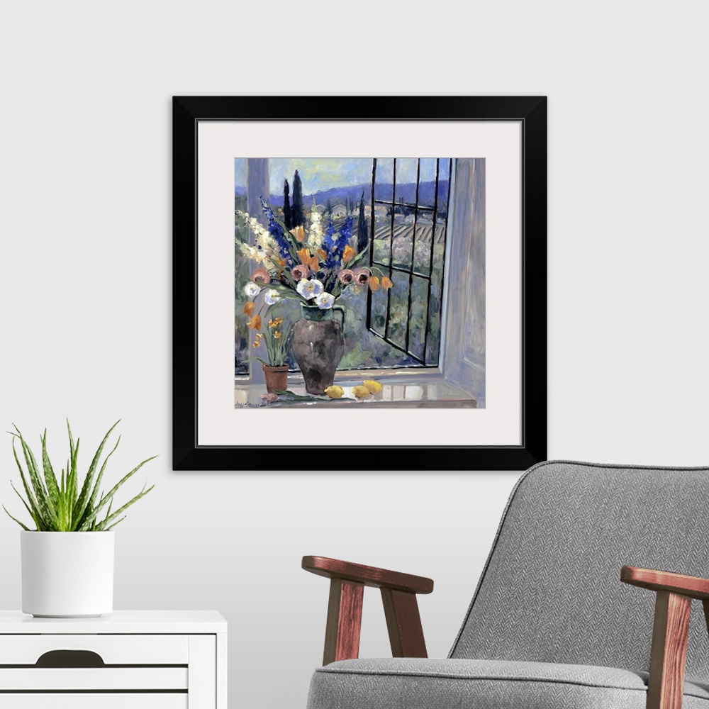 A modern room featuring Contemporary landscape painting of a flower filled vase sitting by an open window looking out ove...