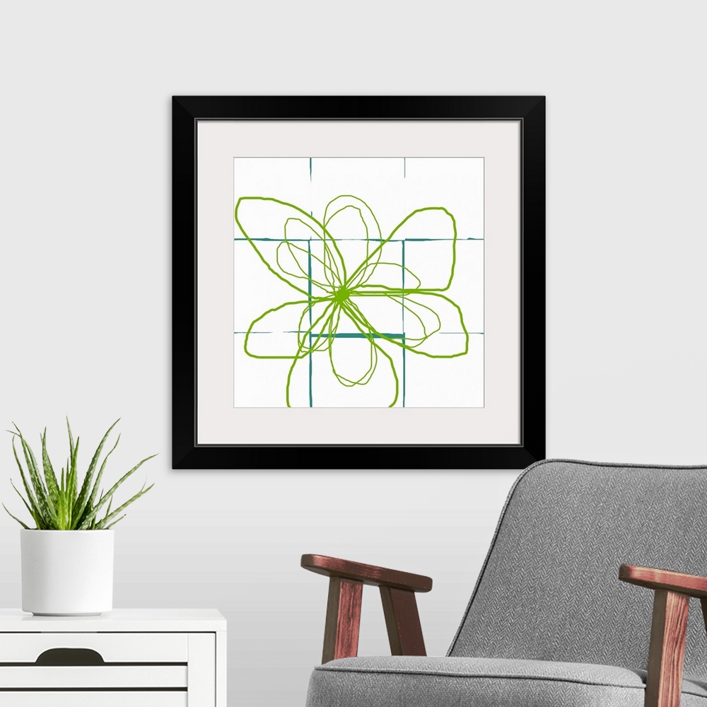 A modern room featuring This bold white and aqua art print was created digitally and would fit well into any modern inter...