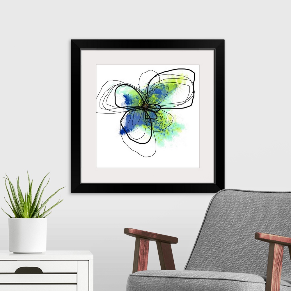 A modern room featuring Square abstract painting on canvas of the outline of a flower with various colored paint splashed...