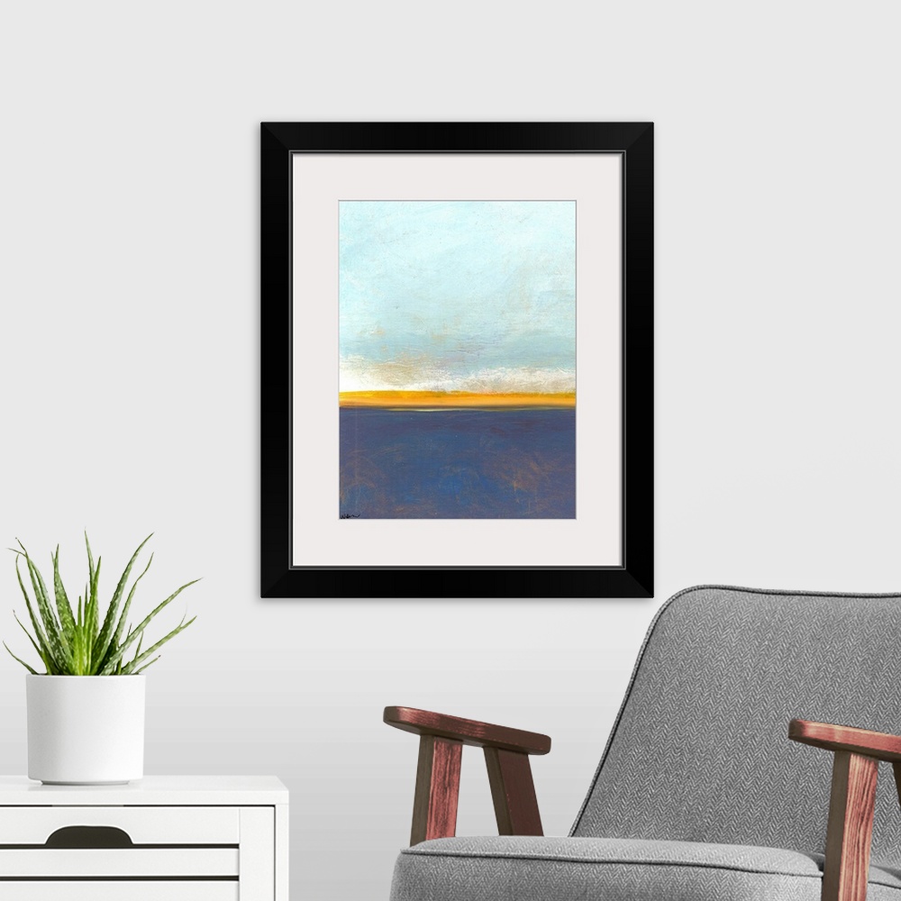 A modern room featuring An abstract artwork piece that looks to depict a large blue sky with land and water below. Differ...