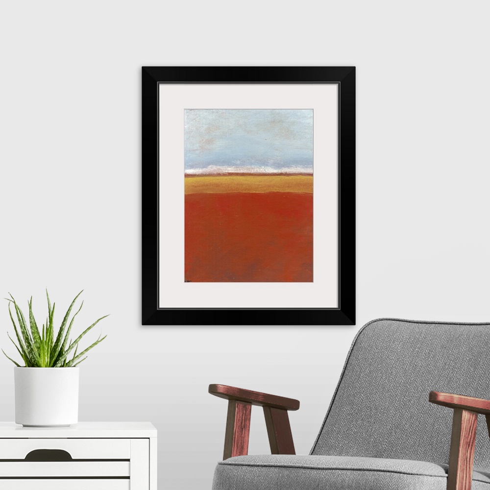 A modern room featuring Contemporary abstract painting of various bars of color painted on canvas.