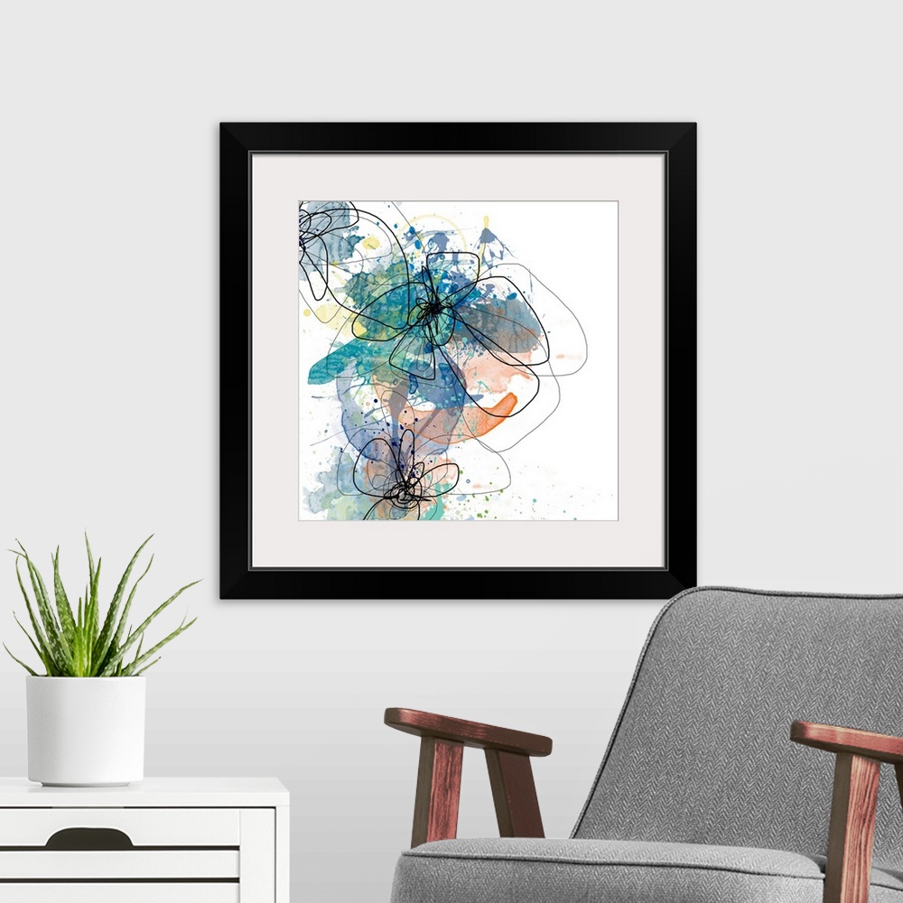 A modern room featuring Digital composite artwork created by layering watercolor splatters to illustrate the color of flo...